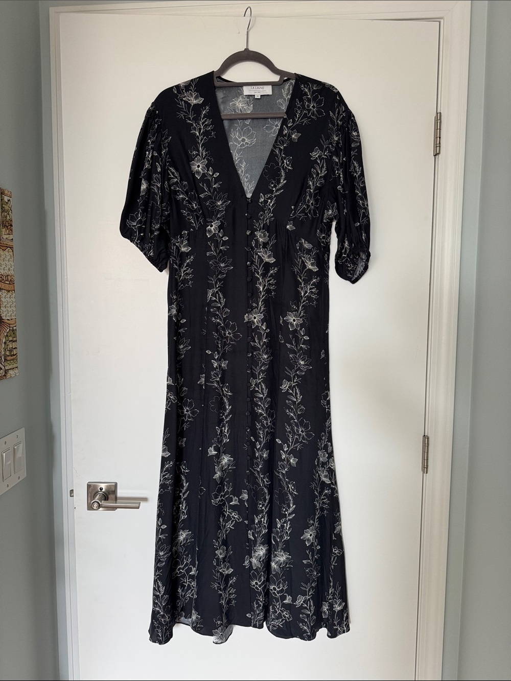 La Ligne Black Silk Maxi Dress with Cream Floral Print